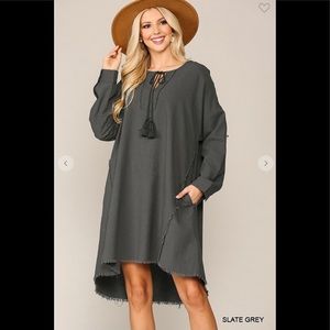 Solid frayed hem Hi low sleeve tab dress